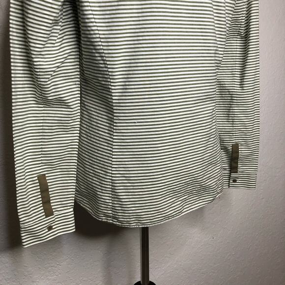 Lafayette 148 olive green white striped button down top size 10 - Picture 10 of 13